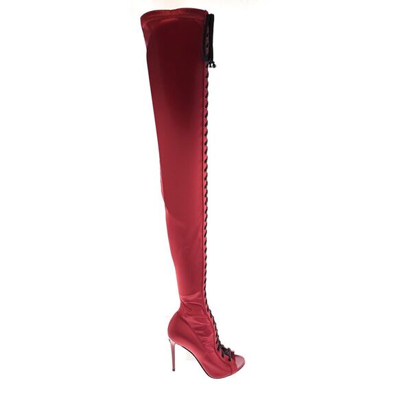Dolce & Gabbana Red Satin Lace-Up Thigh-High Peep-Toe Boots
-EU41